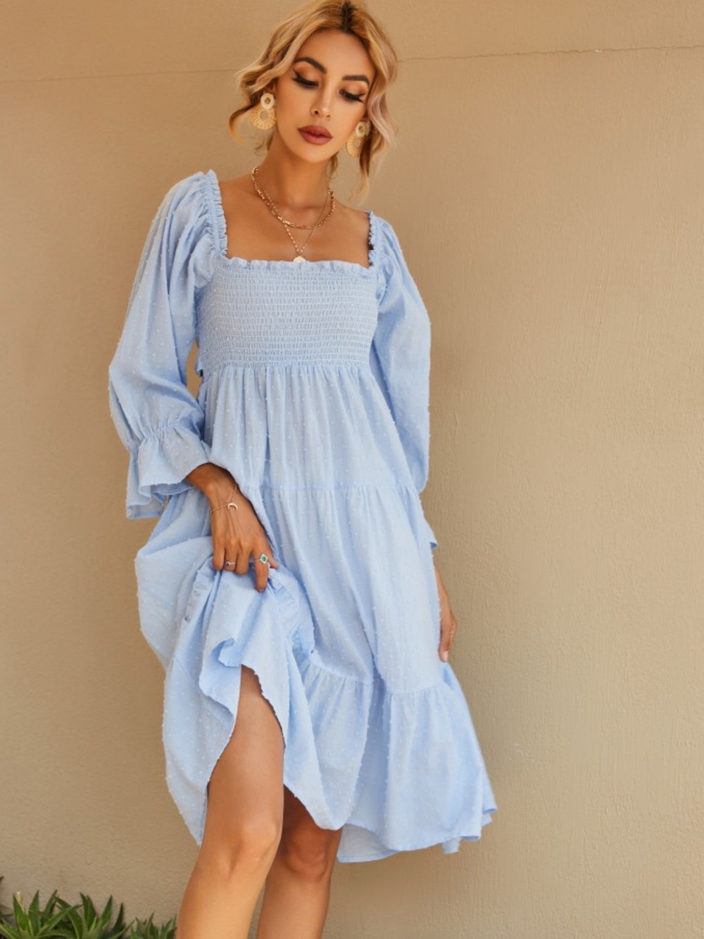 Cottagecore Off Shoulder Tiered Smocked Midi Dress Puff Sleeves Bump Friendly
